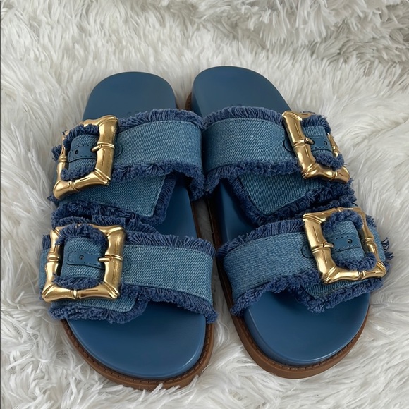 SCHUTZ Denim Sandals with Gold Accents - Picture 2 of 4